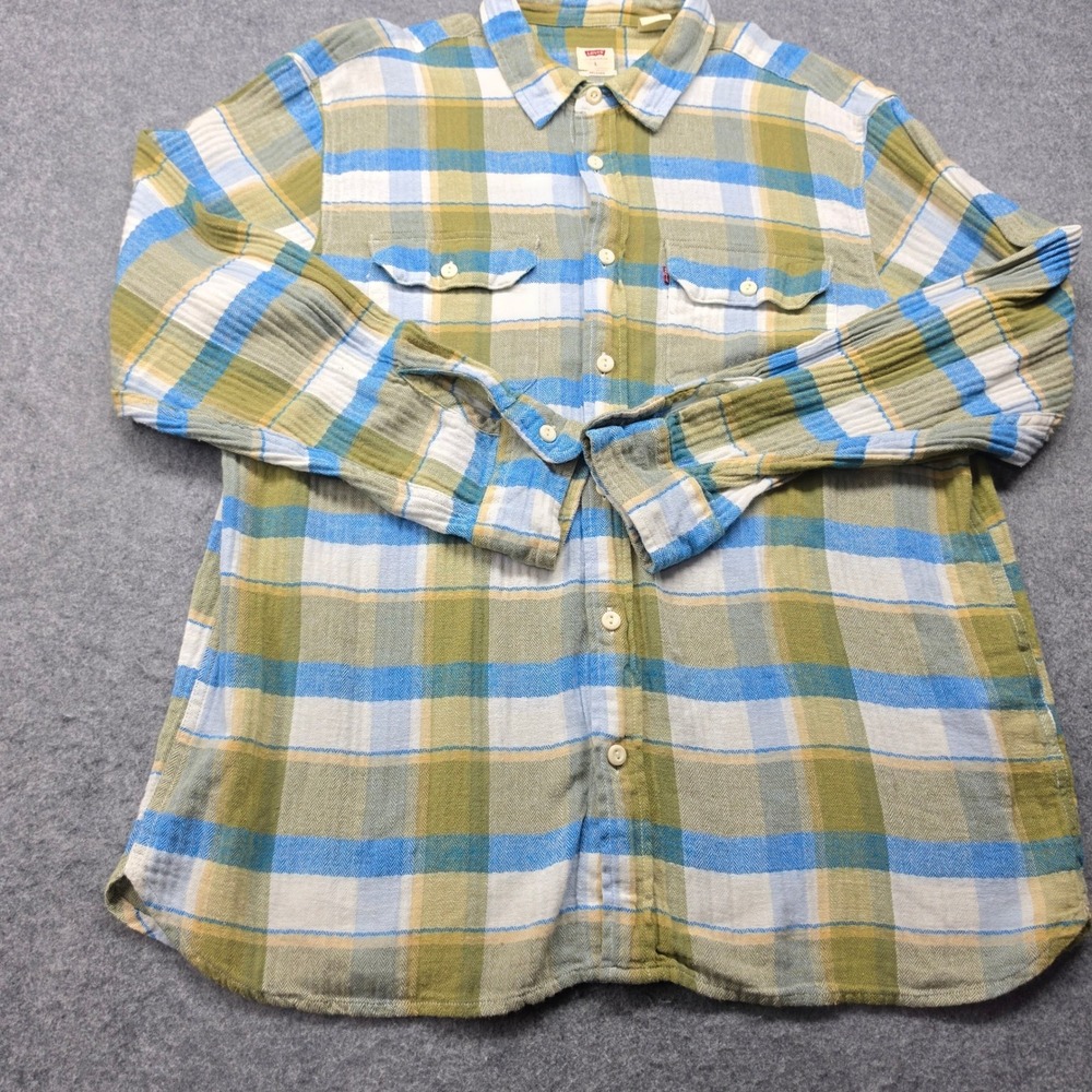 Levis Relaxed Fit Flannel Shirt Mens L Green Blue Plaid Long Sleeve Button Up - Picture 3 of 12